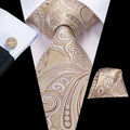 Hi-Tie Champagne Ivory Floral Solid Design Silk Wedding Tie For Men Quality Hanky Cufflink Fashion Nicktie Business Dropshipping