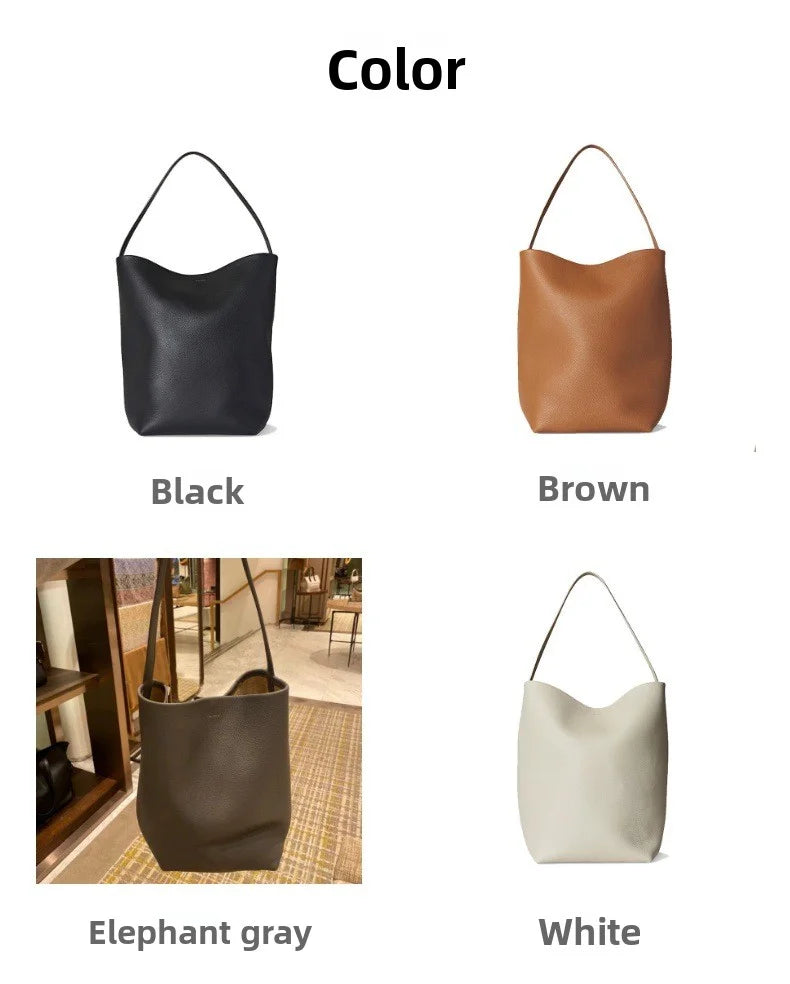 2025 New Leather Large Capacity Bucket Bag, Lychee Pattern, Cowhide, Commuting Tote Bag, Shoulder Bag, Hand-held Women's Bag