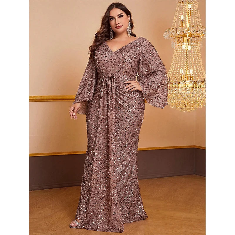 Plus Size Women's Long Sequin Dress, Plus Size, V Neck, Apricot, Shiny, Loose, Autumn, Evening Dress, Long Sleeve, 5XL, 6XL