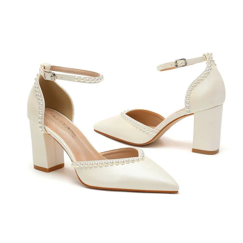 Size 34-48 Pointed Tie High Heels White Bridal Shoes Thick Heel Hollow Handmade Pearls Women's Wedding