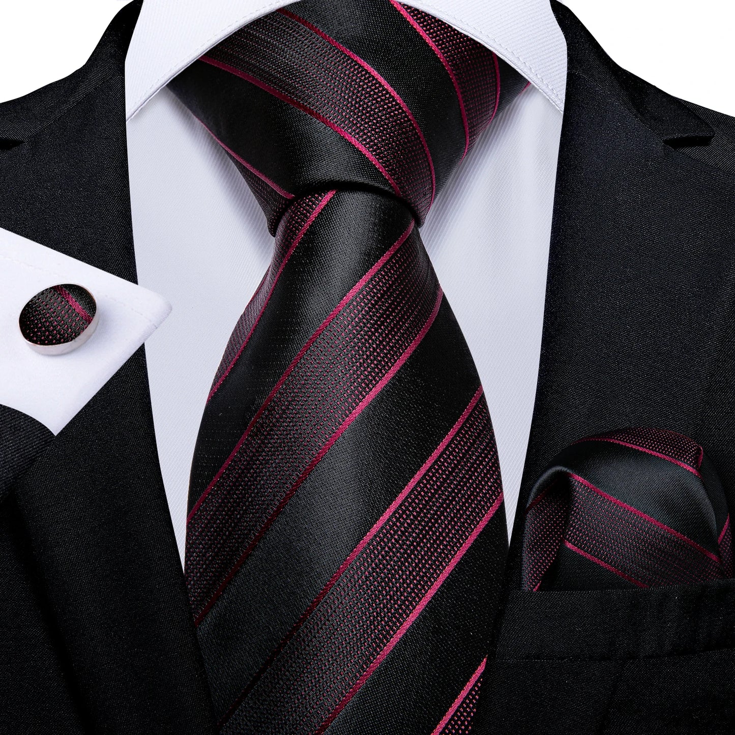 Solid Black Plaid Men's 8cm Polyester Neck Tie Handkerchief Cufflinks Set with Gift Box Tie Clip Birthday Anniversary Gift