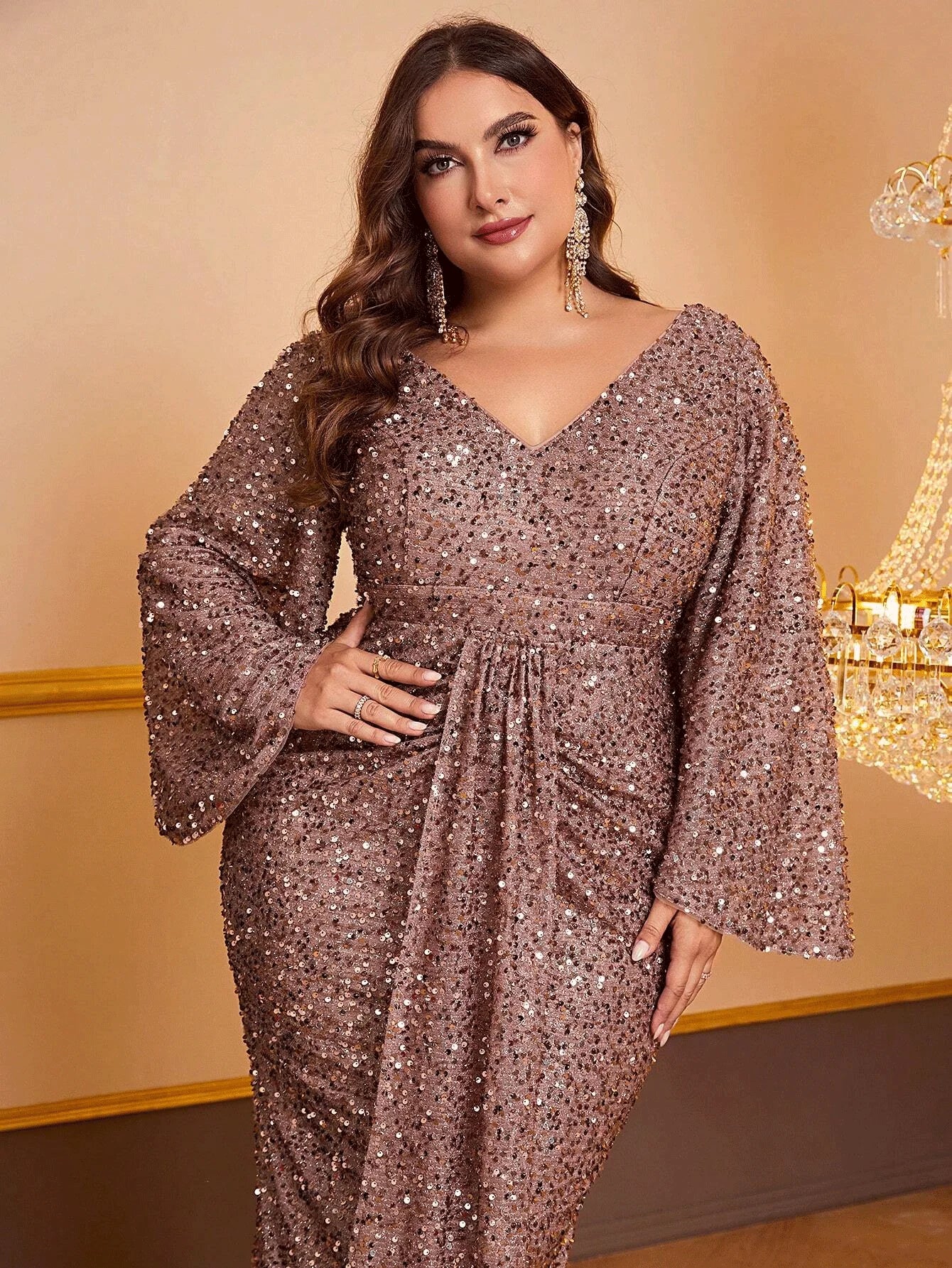 Plus Size Women's Long Sequin Dress, Plus Size, V Neck, Apricot, Shiny, Loose, Autumn, Evening Dress, Long Sleeve, 5XL, 6XL