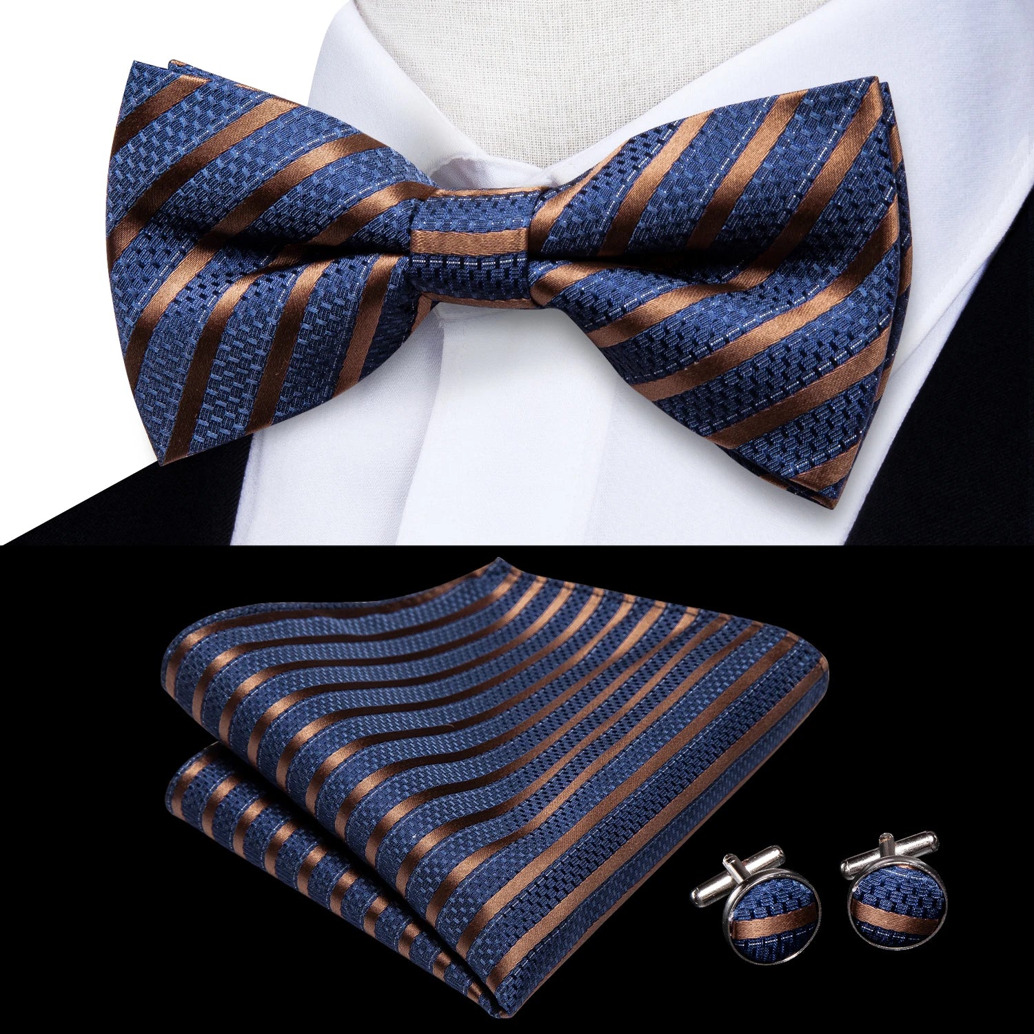 Hi-Tie Pink Dot Silk Mens Pre-tied Bow Tie Hanky Cufflink Set Dusty Pink Butterfly Knot Bowtie for Male Wedding Business