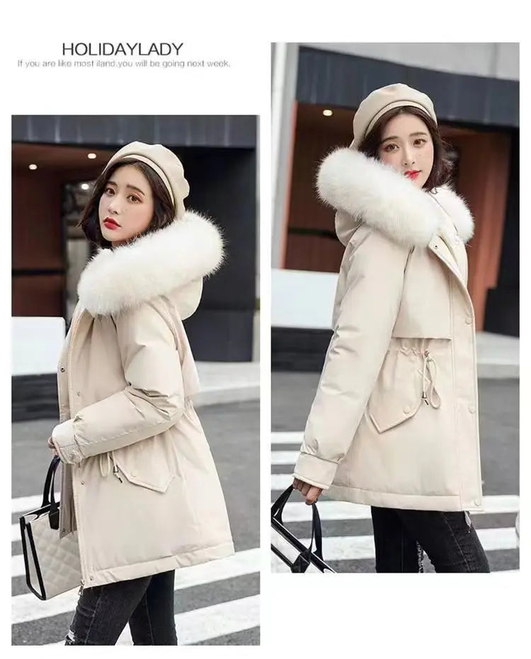 2025 Winter New Korean Edition Loose Thicken Cotton Jacket Women's Big Fur collar Hooded Coat Female Casual Warm Parker Overcoat
