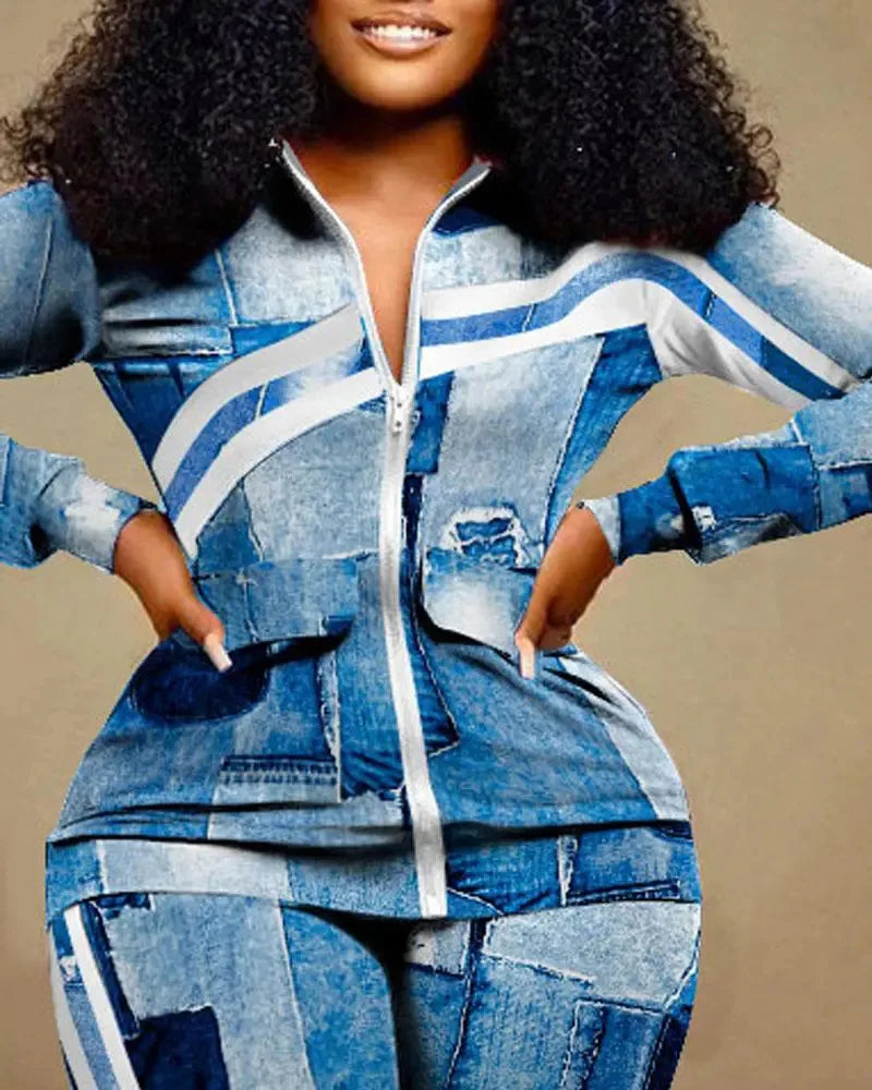 2023 Women Print Zipper Stand Collar Sheath Tops Two Piece Sets Full Sleeve Casual Long Straight Pants Set Autumn Winter