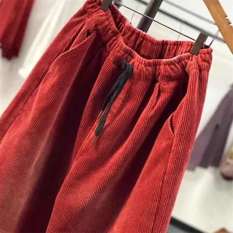 Ladies Large Size 4XL Corduroy Pantalons 2024 Female High Waist Add Velvet Casual Trousers Winter Women Loose Fit Lantern Pants