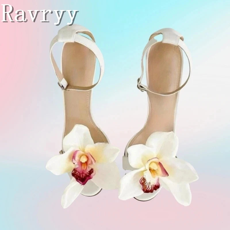 Women New Flower Decor Wedding Shoes Brand Design Thin High Heels Sandals Open Toe Summer Party Dress Shoes