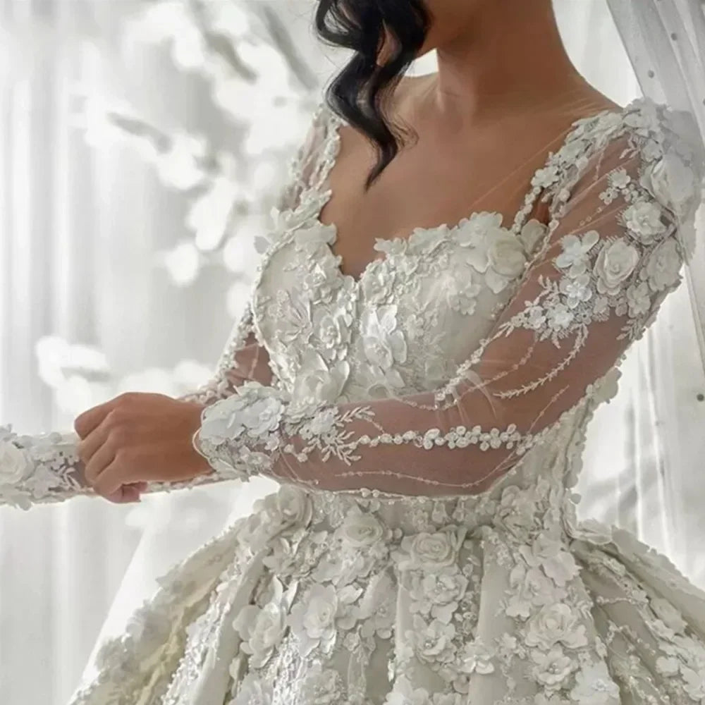 Customized Vintage Full Lace Wedding Dresses Arabic 3D Floral Illusion Long Sleeves Bridal Gowns V Neck Vestidos