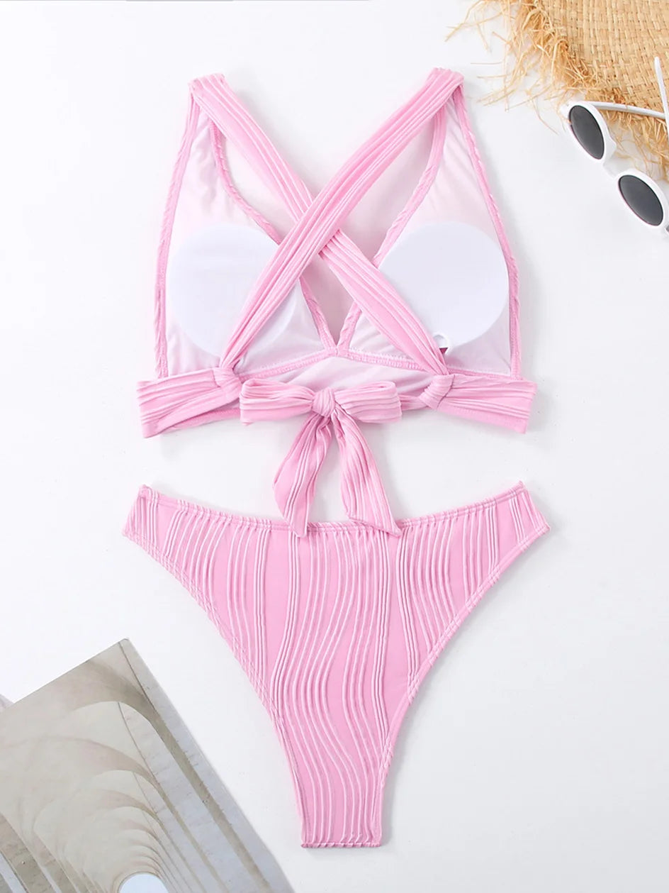 Sexy Criss Cross Tie Back Bikini Women's Swimsuit 2024 Swimwear Trend Bathing Suits Hight Waist Bikinis Sets Push Up Beach Wear