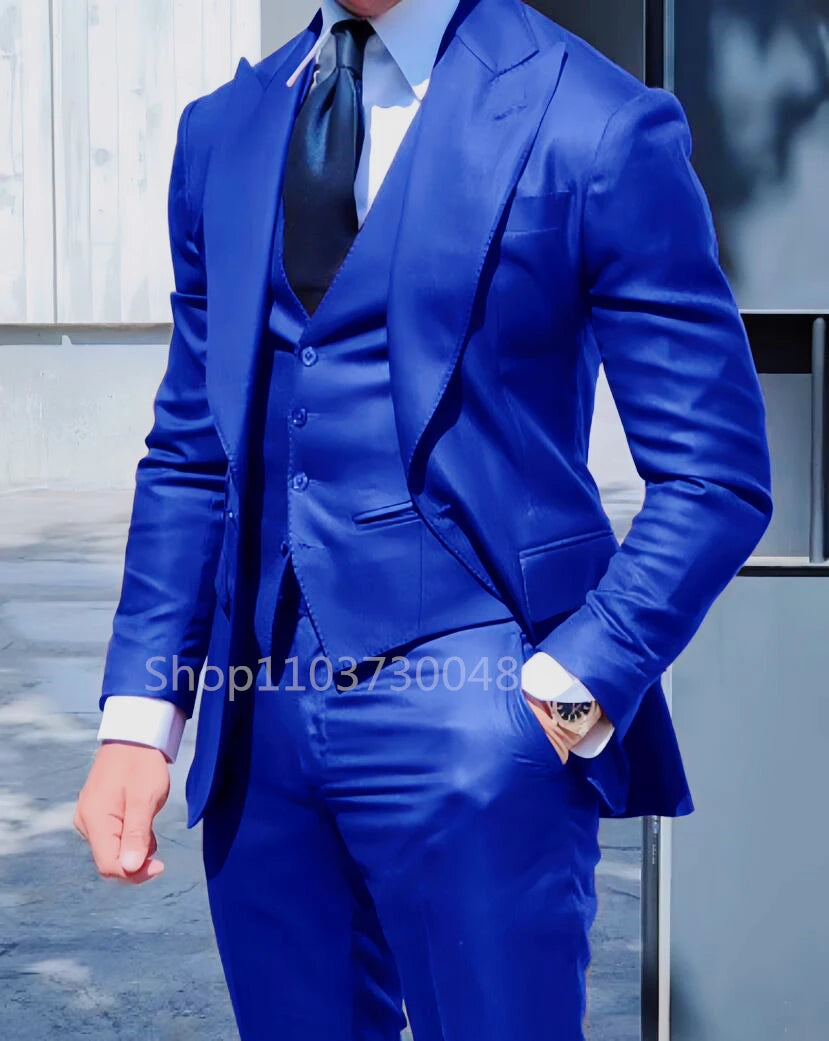 Solid Color Fashion Men Boutique Business Suits Wedding Suit Formal Groom Tuxedos 3 Pcs Set Dress Peak Lapel Blazer Vest Pants