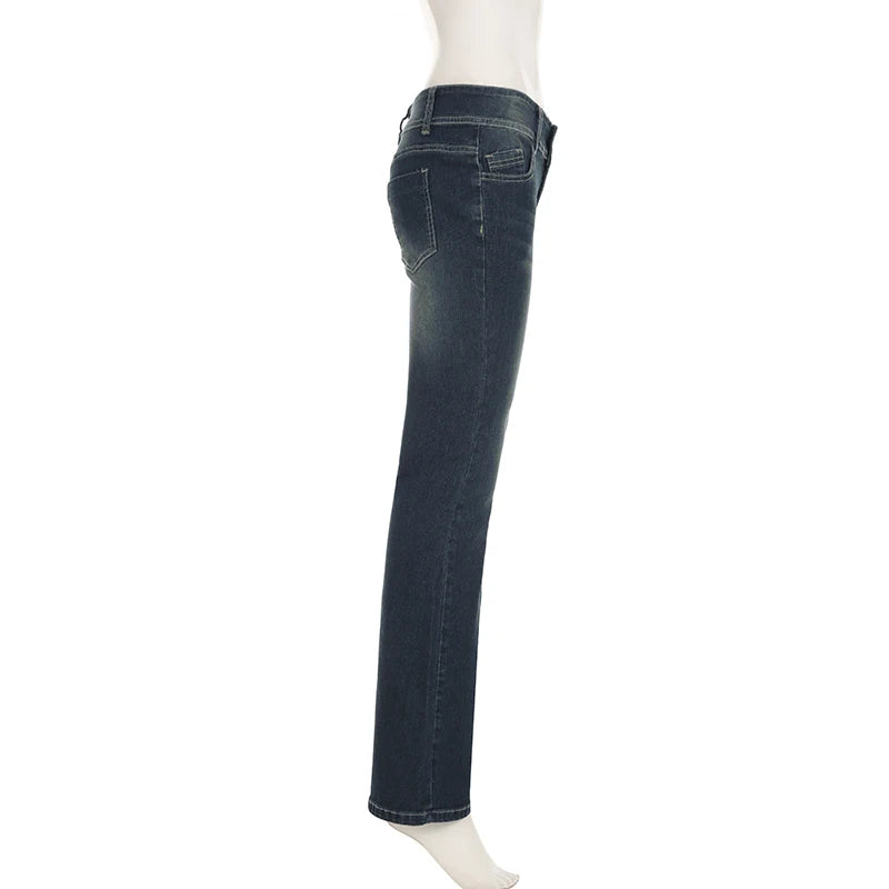 Cuteandpsycho Fashion Low Waisted Washed Flared Jeans Button Harajuku Aesthetic Pants Streetwear Basic Slim Pockets Y2K Bottoms