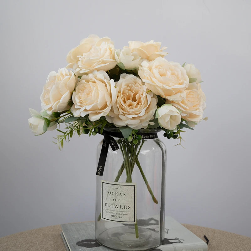 5 Flower Heads Artificial Wedding Rose Flowers Decoration Bride Holding Flower Bouquet Home Room Table Decor