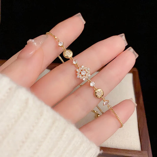 Fashion Jewelry Accessories Korean Zircon Flower Design Pulling Bracelet Women Exquisite New Stainless Steel Cuff Bracelet Gift
