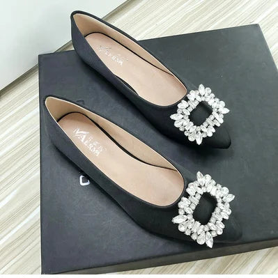 Women Green Blue Shoes Silk Null Plain Flats Pointed Toe Slip-On With Crystal Buckle Shallow Mouth Cute Retro Tacons  32-48 28cm