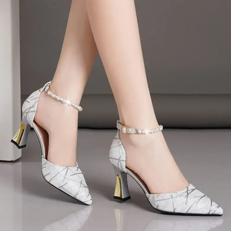 Beads Pumps Pointed Tip Women's High Heels Heeled Sandals Woman Luxury Womens Shoes Woman 2024 Trend Mary Jane Shoes Heel