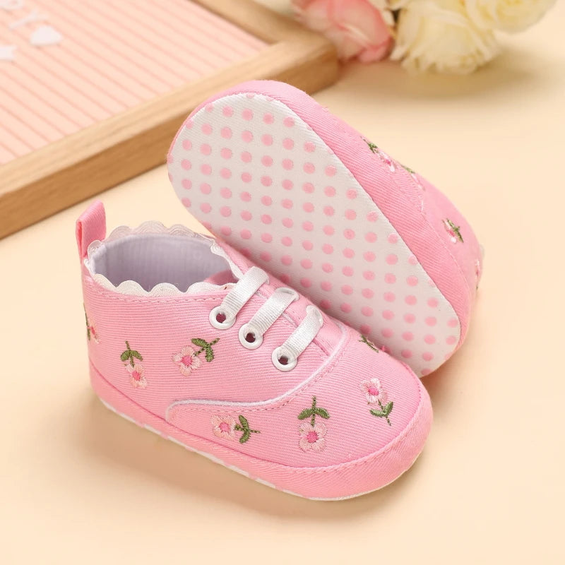 Newborn Toddler Baby Shoes Girl Baby Crib Shoes Princess Flower Bow Baby Cotton Sole First Walker Sneakers 0-18 Months