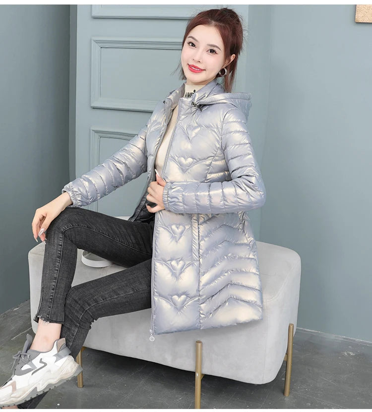 2023 New Winter Jacket Long Coats Women  Hooded Glossy DownCotton Jacket Warm Casual Parka Padded Cotton Coat Female