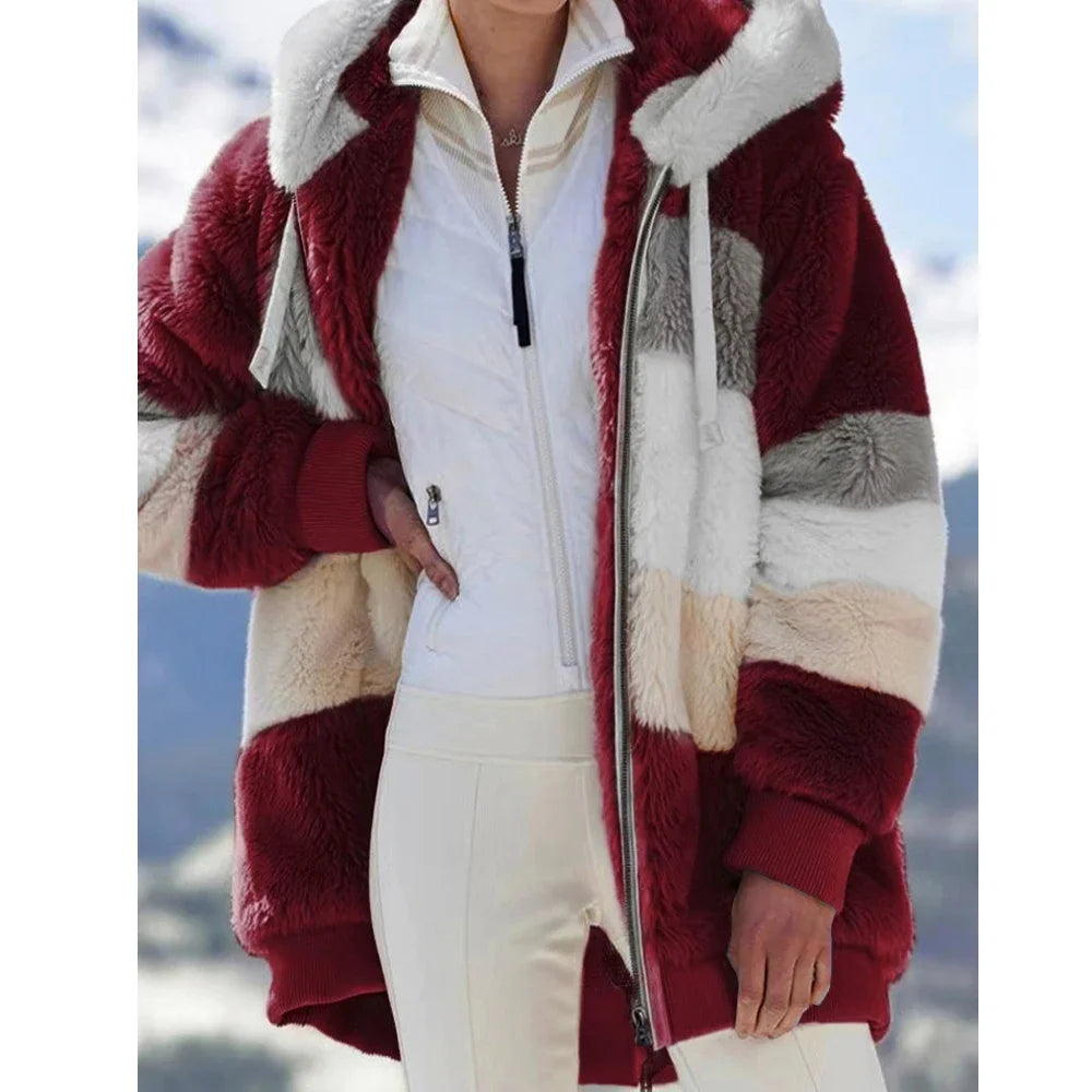 Oversized Jacket for Women Coat 2025 Autumn Winter Warm Plush Pocket Hooded Streetwear Loose Lady Zipper Cashmere Outerwear Coat
