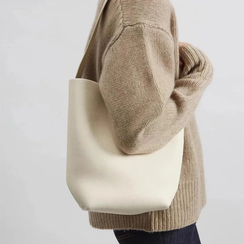 2025 New Leather Large Capacity Bucket Bag, Lychee Pattern, Cowhide, Commuting Tote Bag, Shoulder Bag, Hand-held Women's Bag