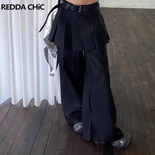 REDDACHiC Women's Pleated Skirt Overlay Suit Pants Work Casual Loose Cleanfit Black Plain Wide Leg Long Trousers Formal Clothes