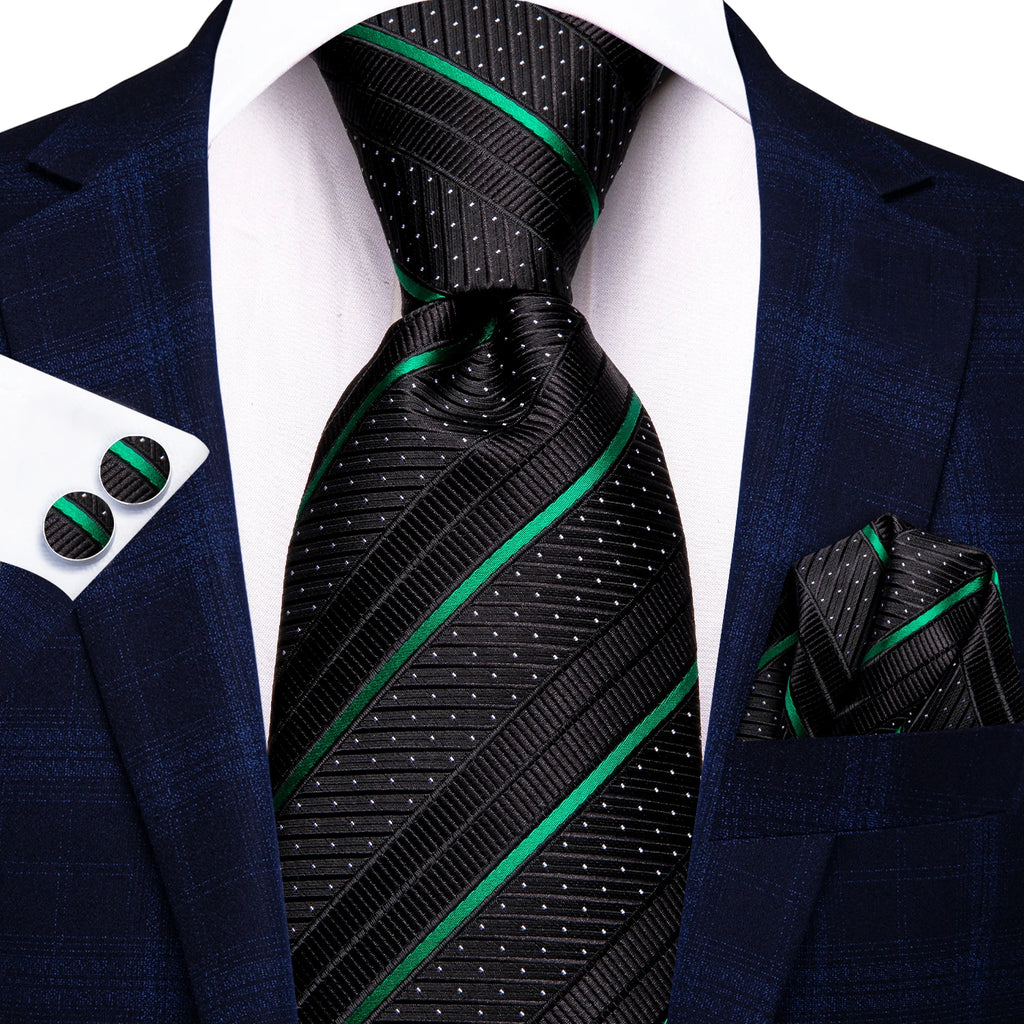Hi-Tie Striped Black Purple Red Green Men Elegant Necktie Hanky Cufflinks for Tuxedo Fashion Classic Silk Luxury Tie for Man