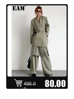 EAM Gray Spliced Pleated Personality Blazer Women New Lapel Long Sleeve Loose Fit Jacket Fashion Tide Spring Autumn 2025 30A1252