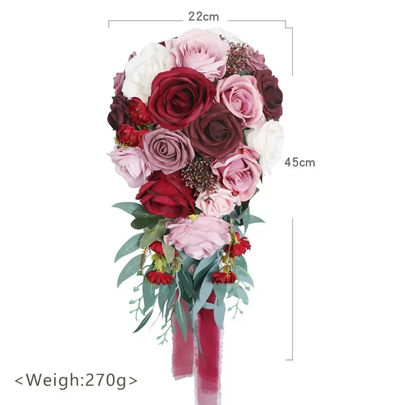 45X22CM Artificial Flower Bundle Bride Water Drops Holding Flowers Wedding Supplies Rose Silk Flower Wedding Photography Props