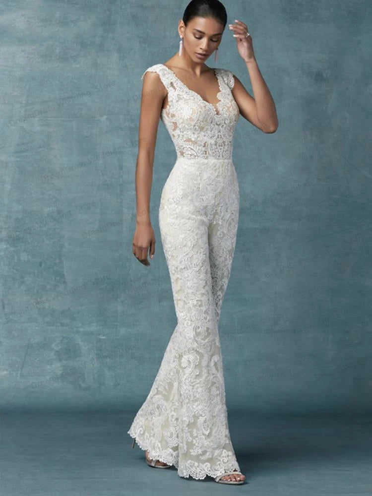 Jumpsuit Wedding Dresses With Detachable Train Bride Pants Suit Lace Appliqued Sleeveless Women Brides Outfits Backless 2023