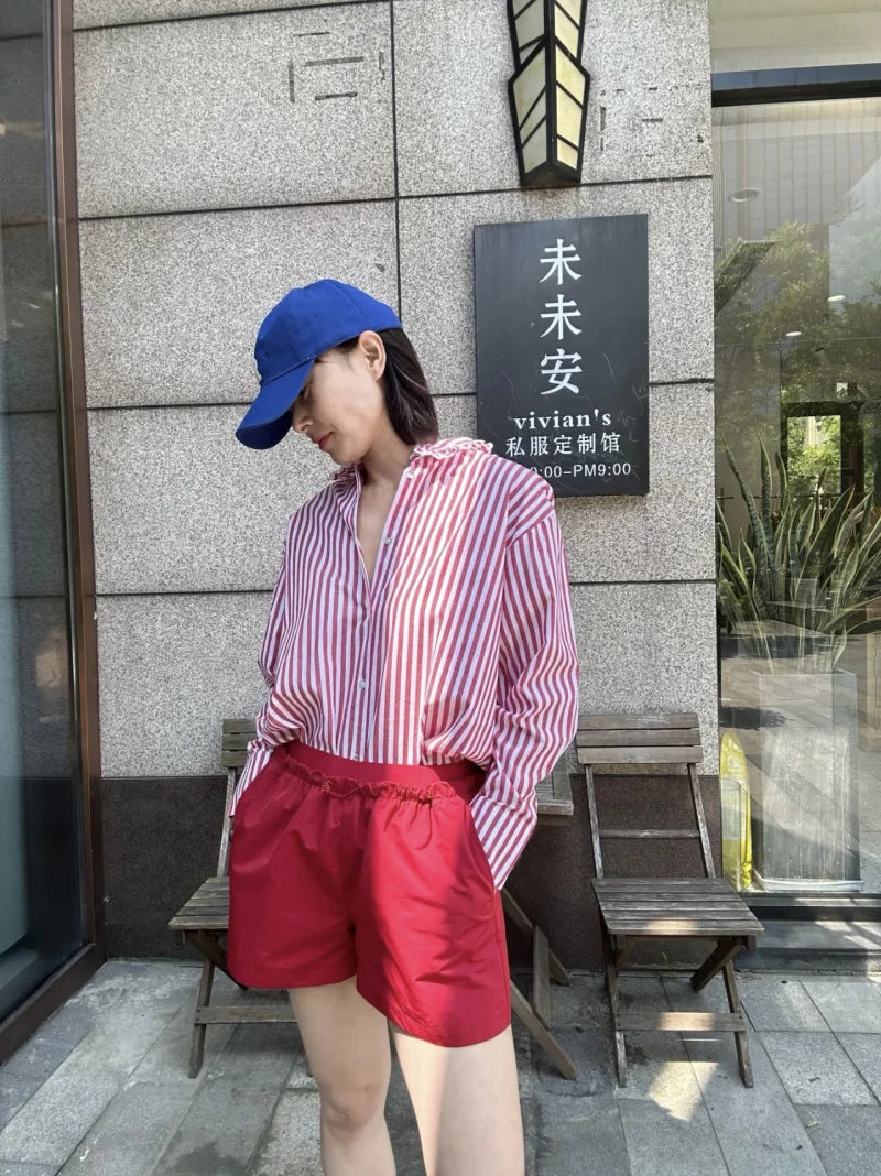 Traf 2025 women's spring new Europe-American fashion striped long sleeve lapel loose version poplin shirt multi-color selection