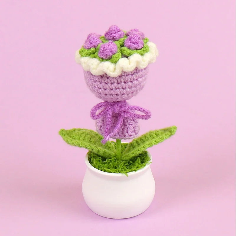 Finished Handmade Crocheted Rose Bridal Bouquet Potted Car Decoration Simulation Wool Flowers Office Decoration Creative