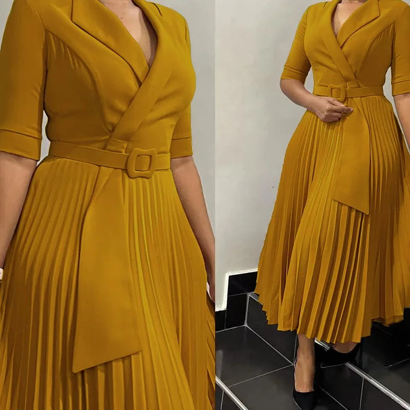 Elegant Office Ladies Dresses 2024 Autumn Fall Notched Collar Half Sleeve Belt Waisted Mid Calf Female Birthday Party Dress Midi