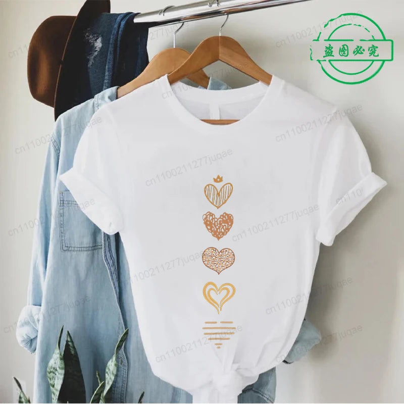Leopard Heart Print Tshirt Women Fashion T Shirt Casual Summer Tee Leopard Heart Shirts Hip Hop Streetwear Short Sleeve Shirt