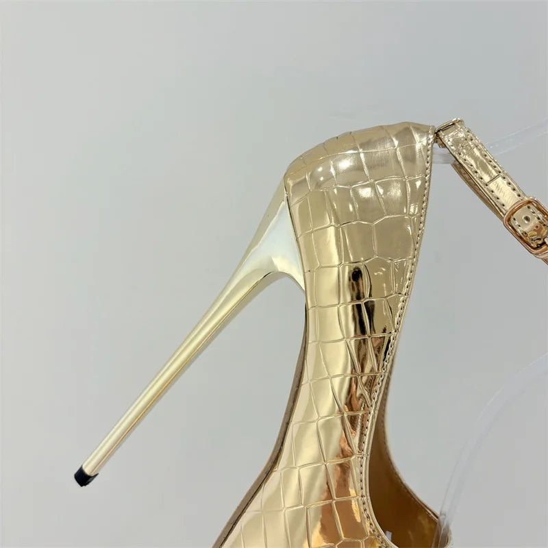 Liyke Sexy Fetish Gold Extreme High Heels Wedding Banquet Shoes Snake Print Leather Peep Toe Buckle Strap Women Platform Pumps