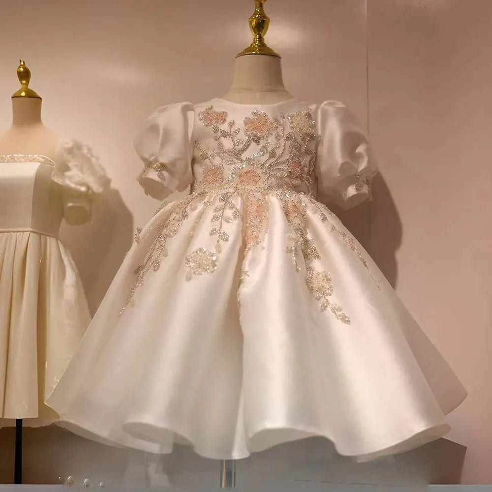 Jill Wish Luxury Off White Flower Girl Dresses Dubai Beading Sequined Princess Gown for Kids Wedding Birthday Party Pageant J085