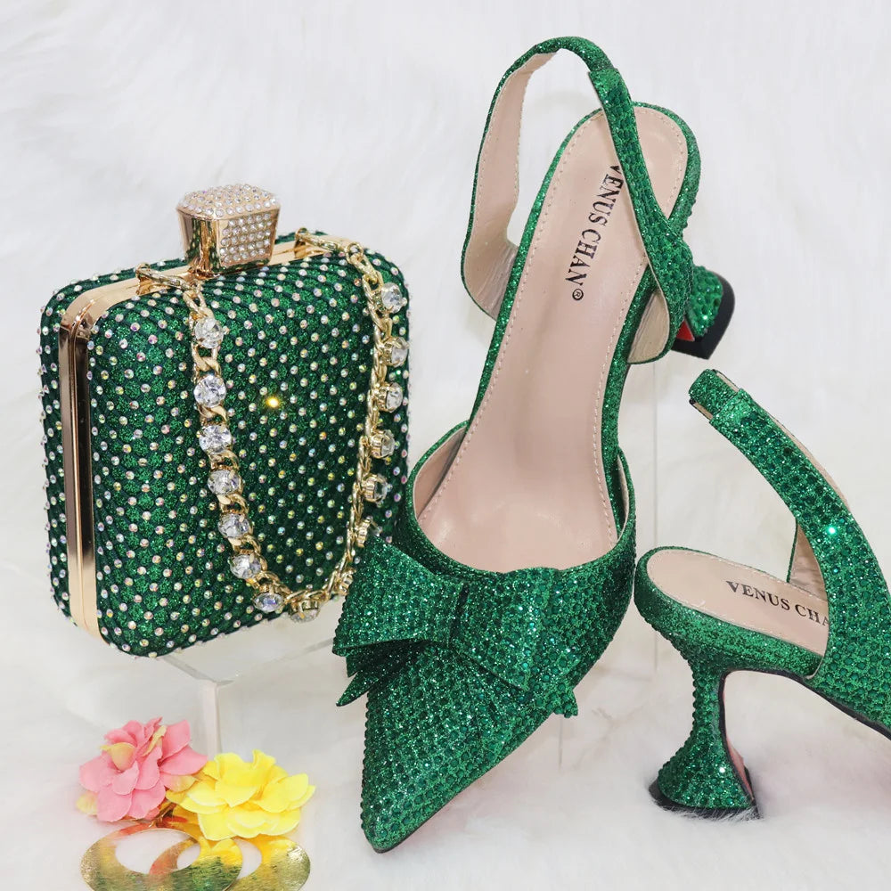 Venus Chan Bridal High Heels for Women 2023 Pointed Toe With Bows Gold Color Rhinestone  Elegant Party Wedding Shoe and Bag Set