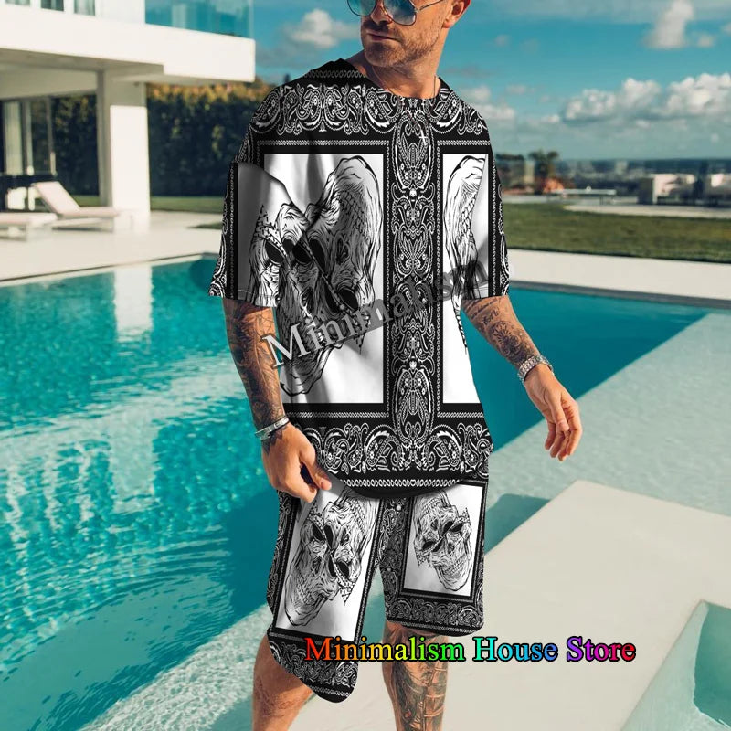 Summer Clothes For Men Vintage Tshirt Shorts 2 Pieces Set Men's Oversized Tracksuit Skull 3D Print Street Men Sets Short Outfits