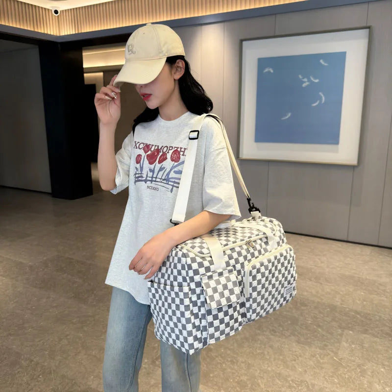 Fashion Large Capacity Checkerboard Pattern Duffle Handbag, Lightweight Travel Luggage Storage Bag, Portable Sports Fitness Bag