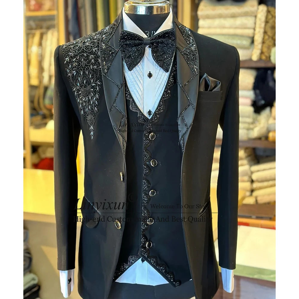 Luxury Metal Diamond Embellished Men Suit Glitter Wedding Prom Blazers 3 Pieces Set Groom Tuxedos Slim Fit trajes para hombre