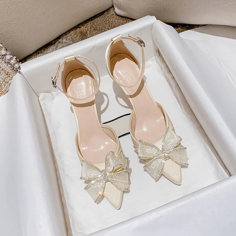 Crystal Wedding Shoes Bride Wedding Dress Two Wears  New Bow High Heels Women's Summer Slim Heels White Pointed Sandals  Women