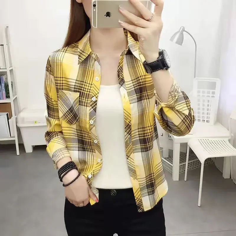 2024 Autumn New College Style Plaid Shirts Womens Long sleeve Button Down Casual Tops Loose Fashion Polo Neck Blouses