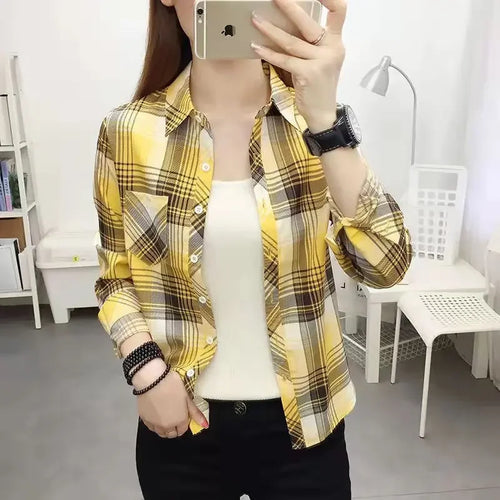 2024 Autumn New College Style Plaid Shirts Womens Long sleeve Button Down Casual Tops Loose Fashion Polo Neck Blouses