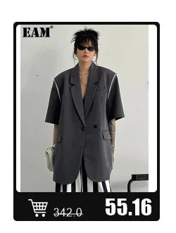 EAM Gray Spliced Pleated Personality Blazer Women New Lapel Long Sleeve Loose Fit Jacket Fashion Tide Spring Autumn 2025 30A1252