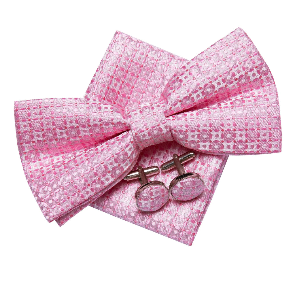 Hi-Tie Pink Dot Silk Mens Pre-tied Bow Tie Hanky Cufflink Set Dusty Pink Butterfly Knot Bowtie for Male Wedding Business