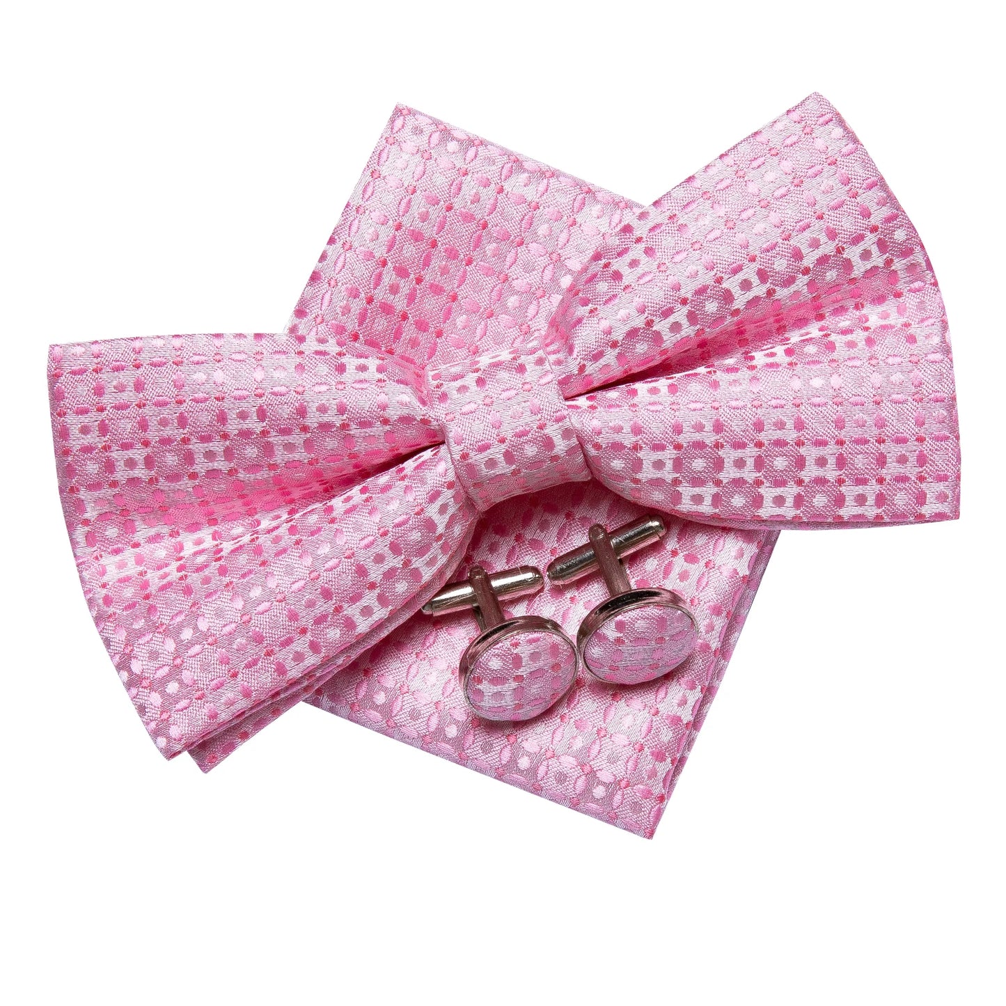 Hi-Tie Pink Dot Silk Mens Pre-tied Bow Tie Hanky Cufflink Set Dusty Pink Butterfly Knot Bowtie for Male Wedding Business