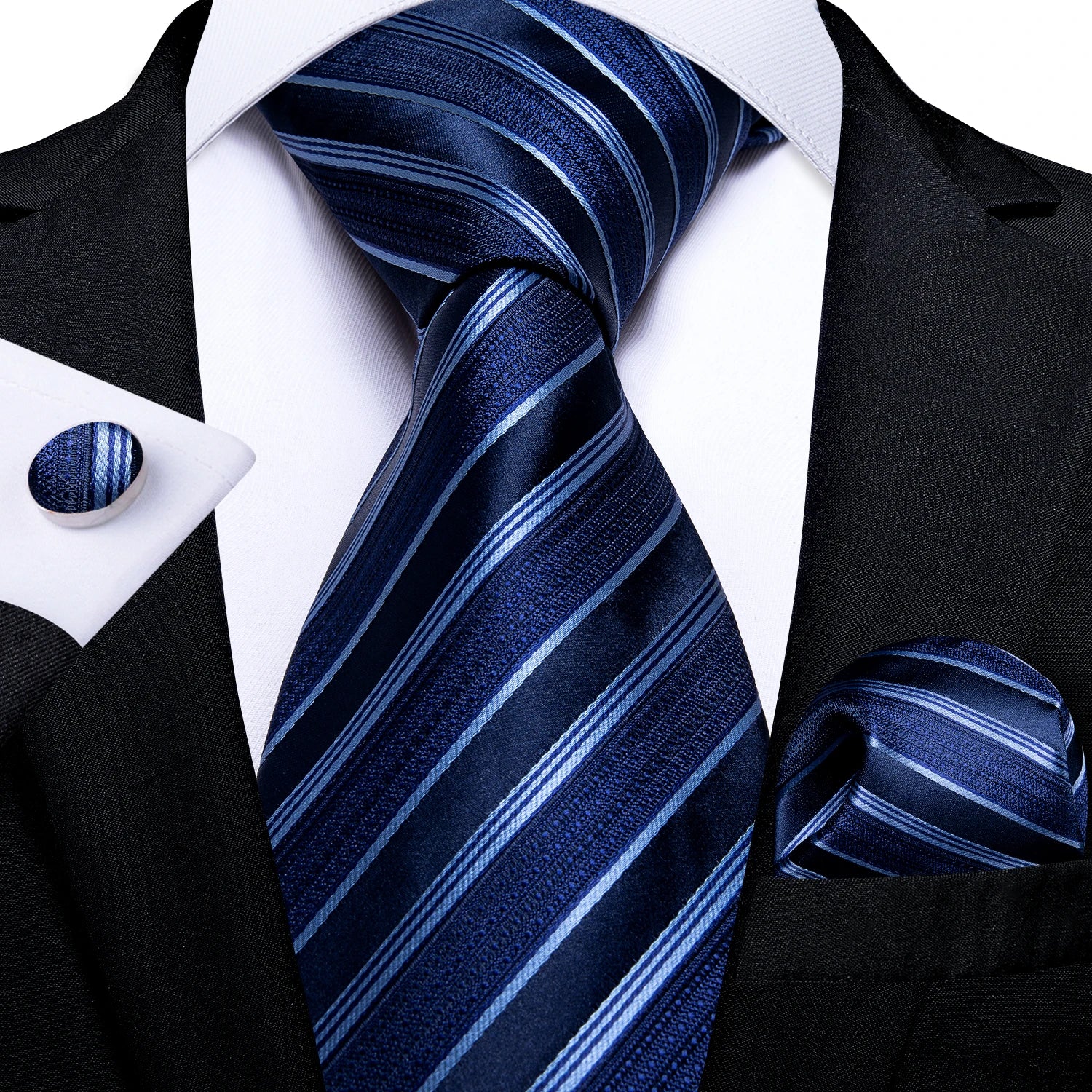 Solid Black Plaid Men's 8cm Polyester Neck Tie Handkerchief Cufflinks Set with Gift Box Tie Clip Birthday Anniversary Gift