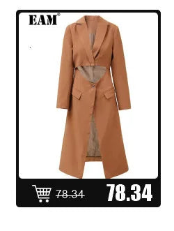 [EAM] Women Beige Irregular Hem Buckle Long Elegant Blazer New Lapel Long Sleeve Jacket Fashion Tide Spring Autumn 2025 CPDB133