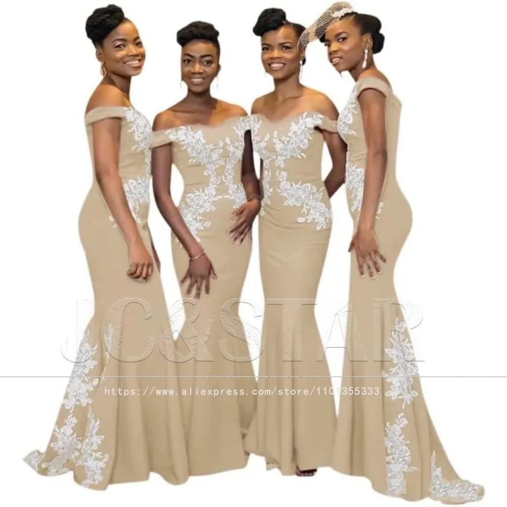 Burgundy Womens Off The Shoulder Mermaid Bridesmaid Dresses for Wedding Lace Satin Prom Dresses Long Formal Evening Gowns Africa
