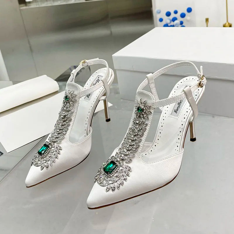 Ladies Wedding Shoes Rhinestone Pointed Toe High Heels Satin Gemstone Stiletto Sandals 2022 New Baotou Fairy Pump Wedding Shoes