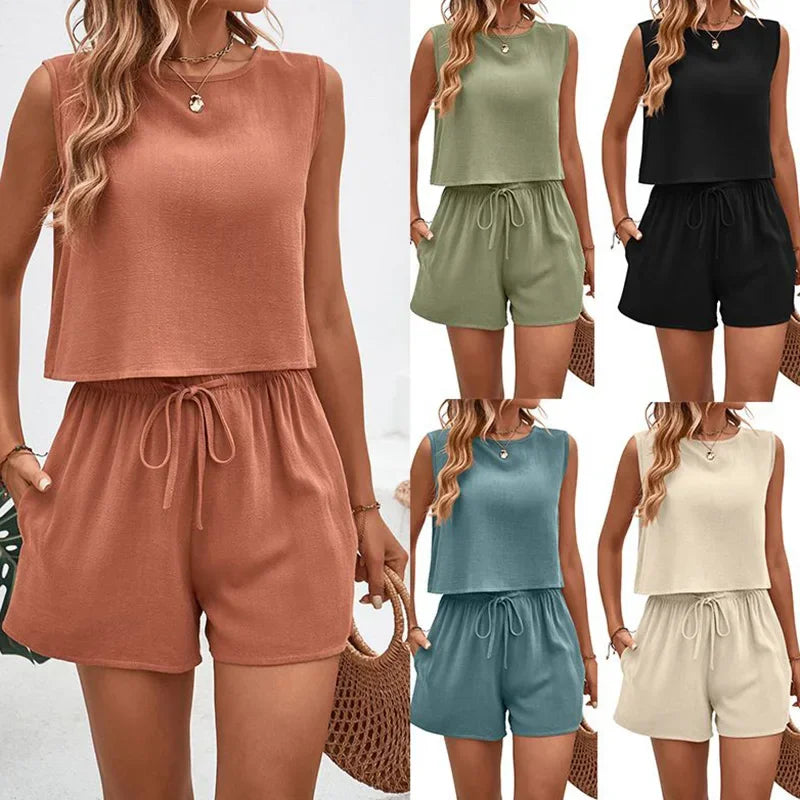 New Lady Classic Baggy Comfortable Sleeveless Top Shorts Set Women Solid Round Neck Top Female Drawstring Elastic Waisted Shorts