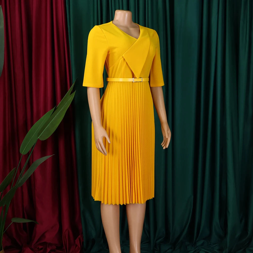 Church Dresses for Women Elegant V Neck Half Sleeves Pleated A-Line Midi Dress Female Classy Modest African Summer Fashion Gowns